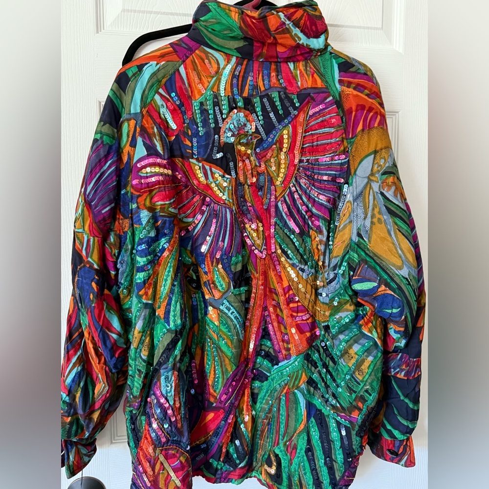 Vintage 80s JA Resort Jewel Tone Embellished Tropical Jacket Sequin size Small